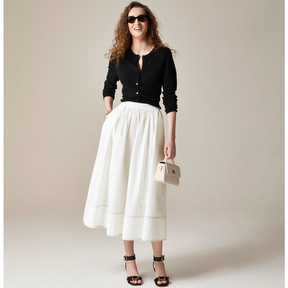 J.Crew Christina Midi Skirt 10 White Contrast Stitch Cotton Poplin Elastic Waist